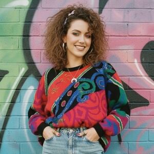 Vtg 90s IB Diffusion Sweater Colorful Artsy Abstract Swirl‎ Beaded Funky Small